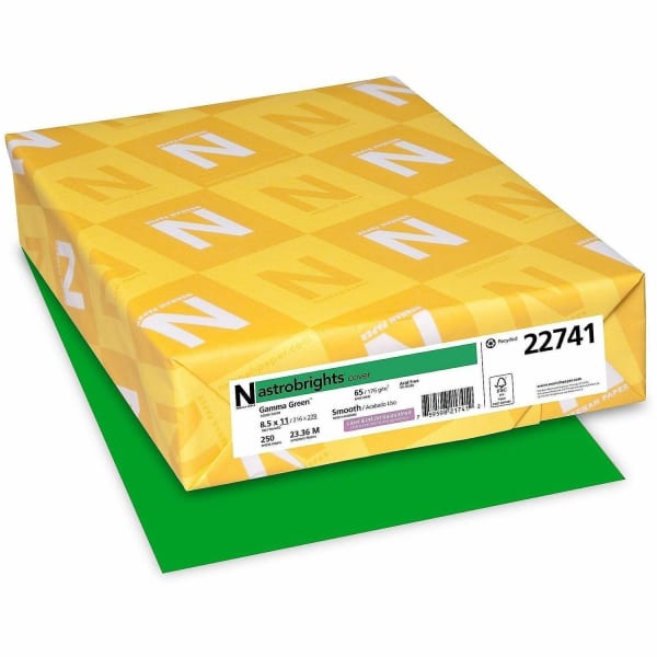 Wausau Astrobrights Multi-Use Card Stock, Gamma Green, Letter (8.5in x 11in), 65 Lb, 30% Recycled, Pack Of 250