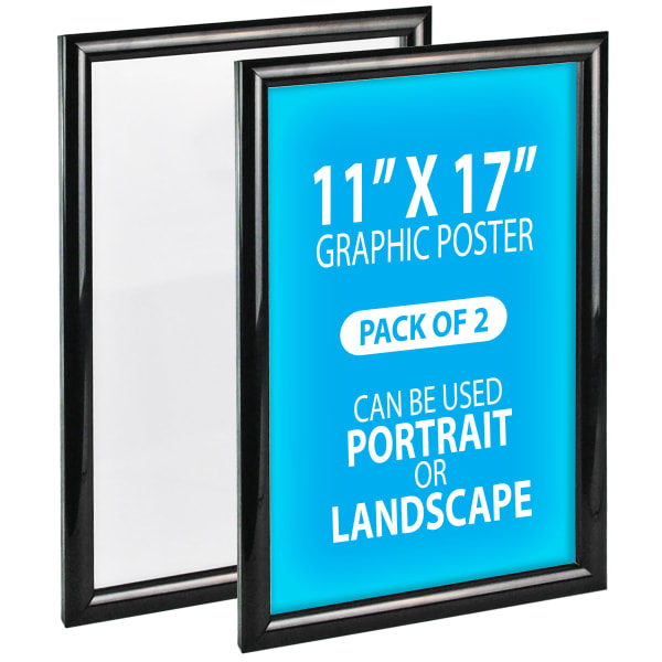 Azar Displays Wall Mount Snap Plastic Vertical/Horizontal Poster Frames, 11inH x 17inW x 3/4inD, Black, Pack Of 2 Frames