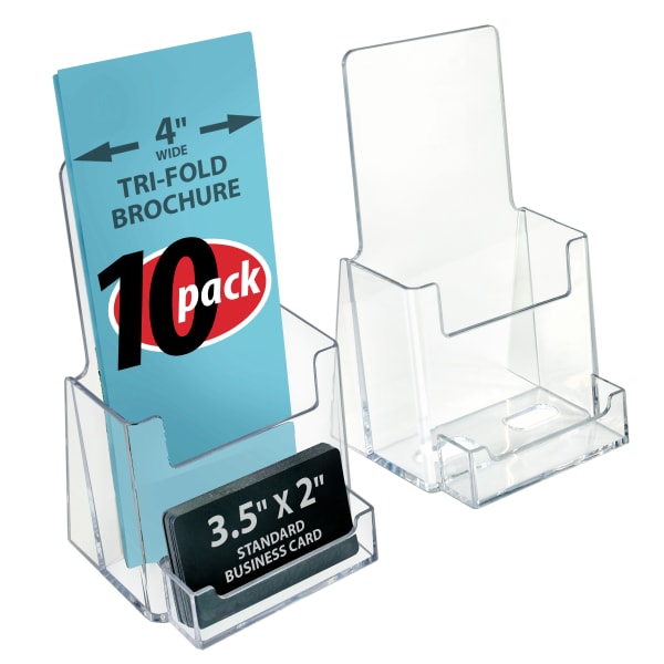 Azar Displays Plastic Trifold Brochure Holders With Business Card Pocket, 7 1/4inH x 4inW x 3 3/4inD, Clear, Pack Of 10