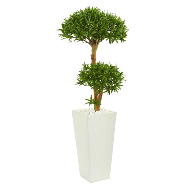 Nearly Natural Bonsai-Styled Podocarpus 50in Artificial Tree With Tower Planter, Green/White