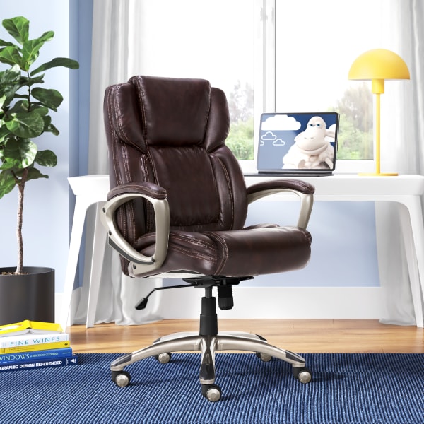 Serta Executive Office Ergonomic Bonded Leather High-Back Chair, Biscuit Brown/Silver
