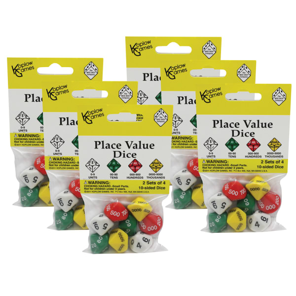 Koplow Games Place Value Dice, Grade 3 to 5, 8 Dice Per Pack, Set Of 6 Packs