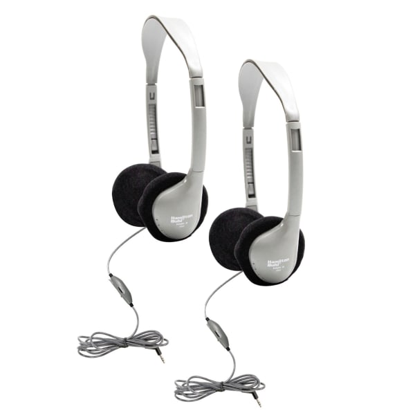 HamiltonBuhl SchoolMate On-Ear Stereo Headphones With In-Line Volume Control, Silver/Black, Pack Of 2 Headphones