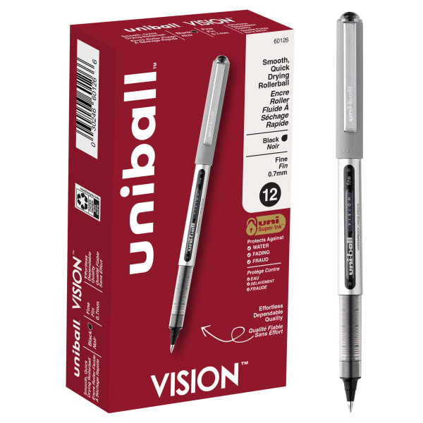 uni-ball Vision Rollerball Pens, Fine Point, 0.7 mm, Gray Barrel, Black Ink, Pack Of 12