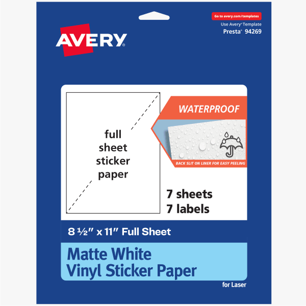 Avery Printable Vinyl Sticker Paper, 94269-WMVL7, Rectangle, 8-1/2inx11in, Matte White, Pack Of 7