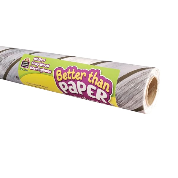 Teacher Created Resources Better Than Paper Bulletin Board Paper Rolls, 4ft x 12ft, Herringbone White Wood, Pack Of 4 Rolls