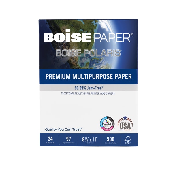 Boise POLARIS Premium Multi-Use Printer & Copy Paper, 1 Ream, White, Letter (8.5in x 11in), 500 Sheets Per Ream, 24 Lb, 97 Brightness, FSC Certified