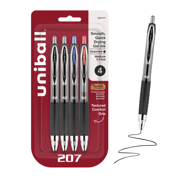 uni-ball 207 Retractable Fraud Prevention Gel Pens, Medium Point, 0.7 mm, Black Barrels, Assorted Ink Colors, Pack Of 4 Pens