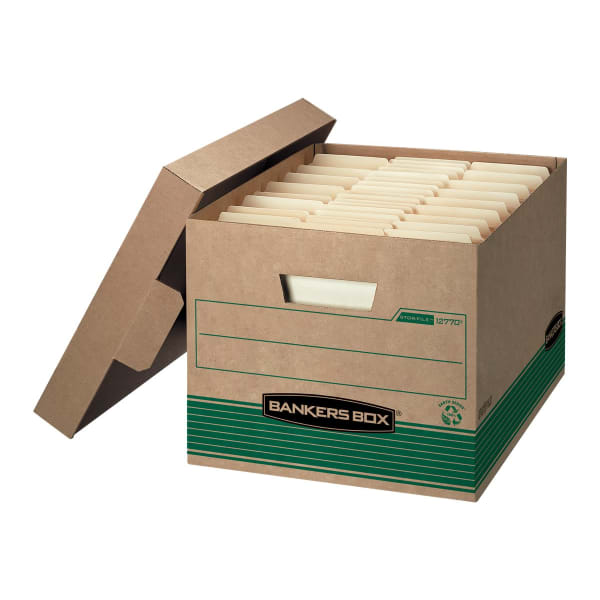 Bankers Box Stor/File Medium-Duty Storage Boxes With Locking Lift-Off Lids And Built-In Handles, Letter/Legal Size, 15in x 12in x 10in, 100% Recycled, Kraft/Green, Case Of 12