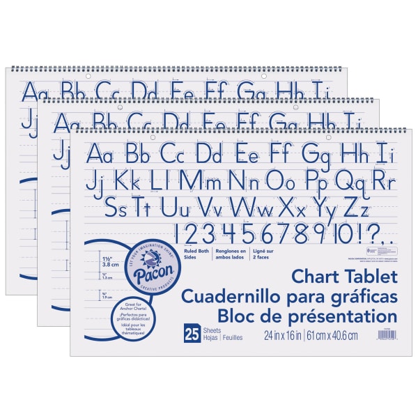Pacon Chart Tablets, Manuscript Cover, 24in x 16in, 1-1/2in Ruled, White, 25 Sheets Per Tablet, Pack Of 3 Tablets