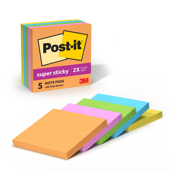 Post-it Super Sticky Notes, 5 Pads, 3 in x 3 in, 2x the Sticking Power, School Supplies and Office Products, Sticky Notes for Vertical Surfaces, Monitors, Walls and Windows, Energy Boost Collection
