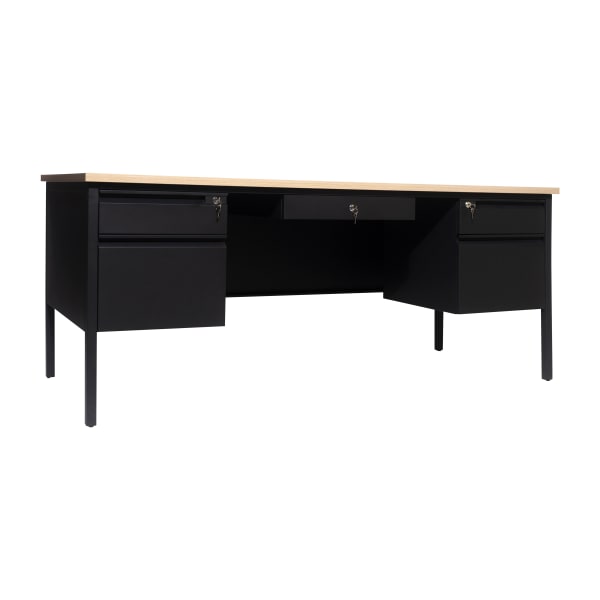 Flash Furniture Cambridge Commercial Grade Double Pedestal 70inW x 30inD Desk with Locking Drawers and Metal Frame, White Oak
