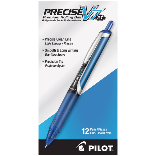 Pilot Precise V7 Liquid Ink Retractable Rollerball Pens, Fine Point, 0.7 mm, Assorted Barrels, Blue Ink, Pack Of 12 Pens