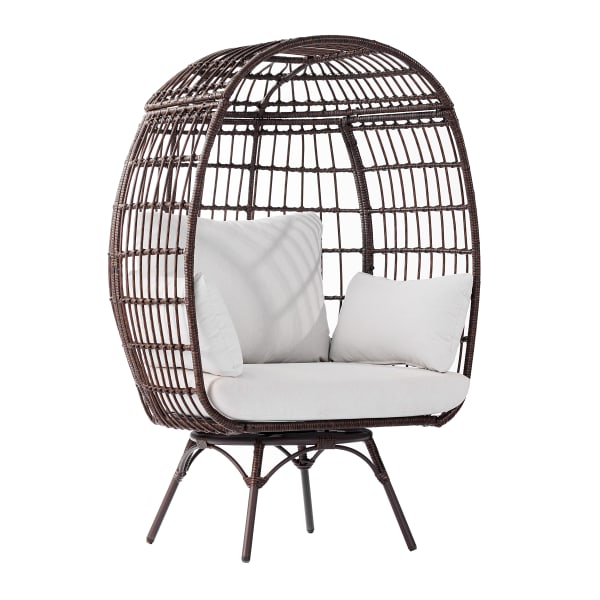 Flash Furniture Zola Commercial Indoor/Outdoor Oversized Wicker Egg Swivel Lounge Chair with 4 Cushions for Living Room, Patio, and Backyard Use, Cream Cushions/Brown Frame