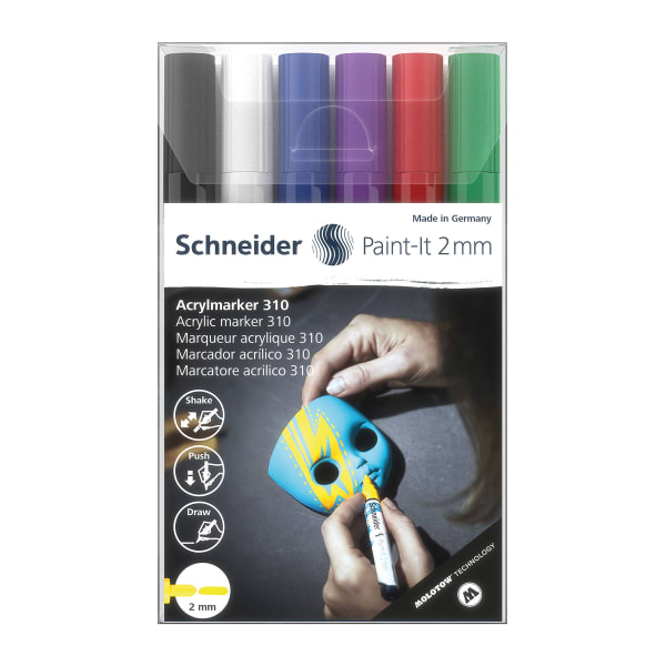 Schneider Paint-It 310 Acrylic Markers, 2 mm Bullet Tip, Assorted Ink Colors, Pack Of 6 Markers