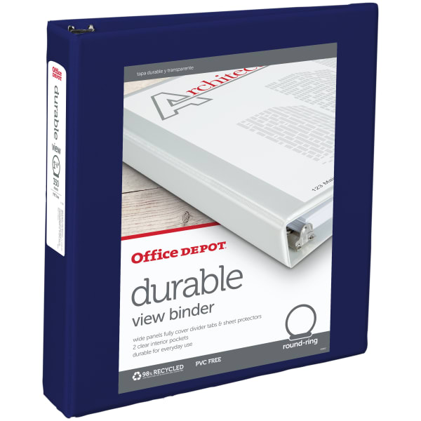 Office Depot Brand Durable View 3-Ring Binder, 1 1/2in Round Rings, Blue