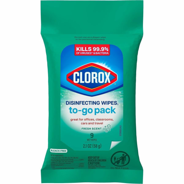 Clorox On The Go Bleach-Free Disinfecting Wipes - Ready-To-Use Wipe - Fresh Scent - 9 / Pack - 1 Each - White