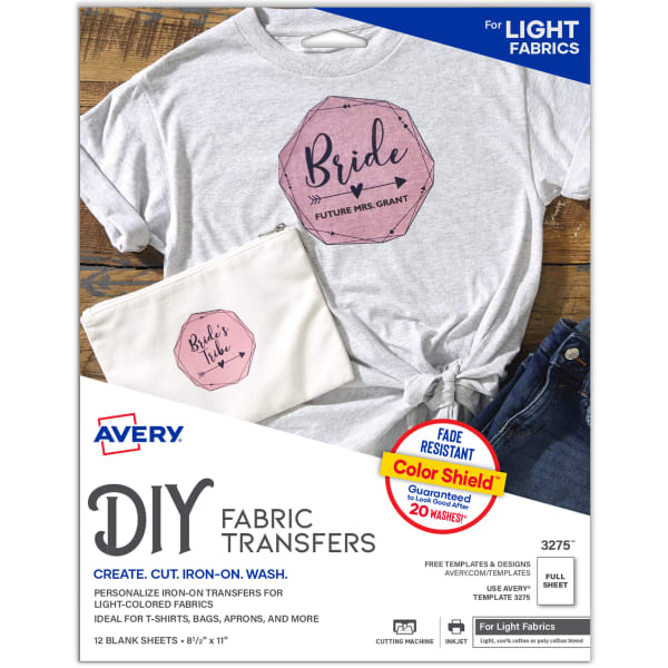 Avery Inkjet Printer T-Shirt Transfer Paper, 3275, Letter Size (8 1/2in x 11in), Pack Of 12