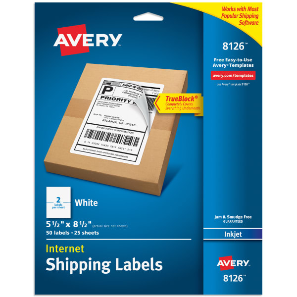 Avery TrueBlock Permanent Inkjet Shipping Labels, Internet, 8126, 5 1/2in x 8 1/2in, White, Pack Of 50