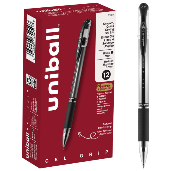 uni-ball Gel Grip Pens, Medium Point, 0.7 mm, Clear Barrel, Black Ink, Pack Of 12