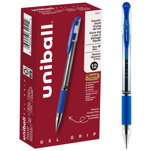 uni-ball Gel Grip Pens, Medium Point, 0.7 mm, Clear Barrel, Blue Ink, Pack Of 12