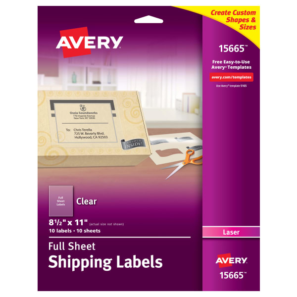 Avery Permanent Shipping Labels, 15665, 8 1/2in x 11in, Clear, Pack Of 10