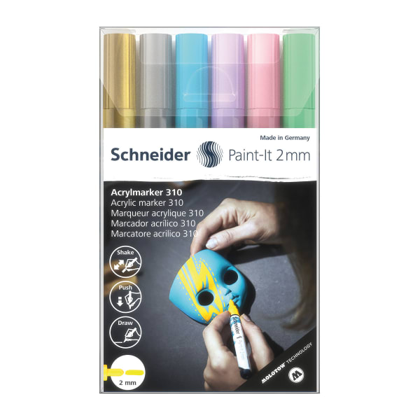 Schneider Paint-It 310 Acrylic Markers, 2 mm Bullet Tip, Assorted Ink Colors, Pack Of 6 Markers