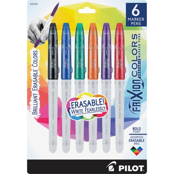 Pilot FriXion Colors Erasable Marker Pens - 2.5 mm Bold Pen Point - Black, Blue, Red, Green, Orange, Purple Ink - White Barrel - 6 / Pack