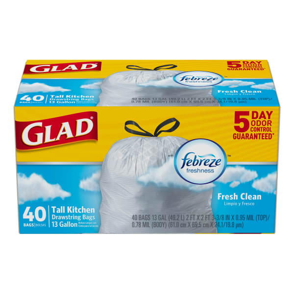 Glad ForceFlex Tall Kitchen Drawstring Trash Bags - Fresh Clean with Febreze Freshness - 13 gal Capacity - 24in Width x 27.38in Length x 1.05 mil (27 Micron) Thickness - Drawstring Closure - White - Kitchen - 40 Box - 6 / Carton