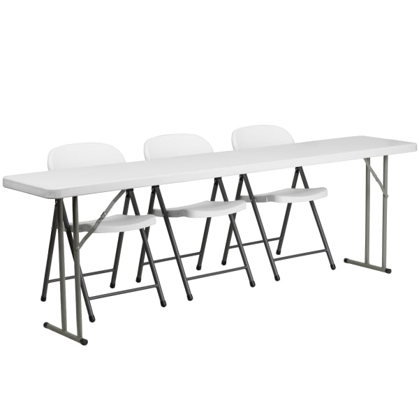 Flash Furniture Plastic Folding Training Table with 3 Plastic Folding Chairs, 29inH x 96inW x 18inD White