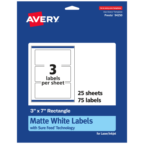 Avery Permanent Labels With Sure Feed, 94250-WMP25, Rectangle, 3in x 7in, White, Pack Of 75
