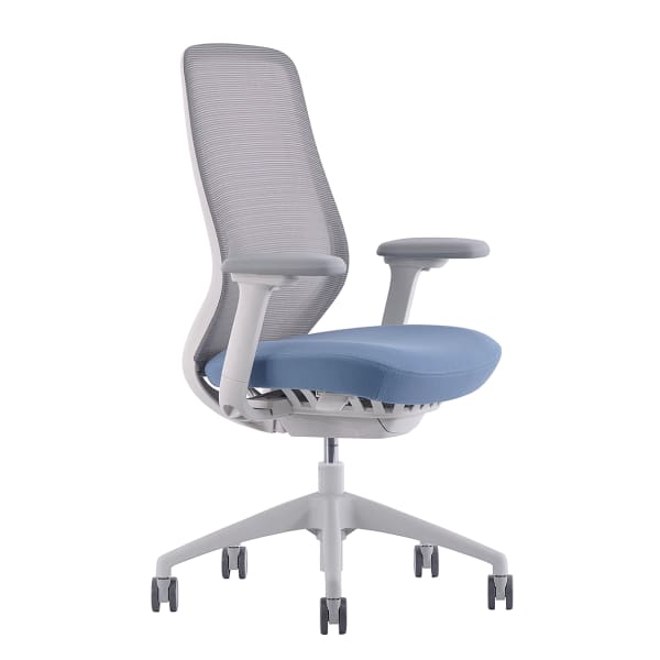 WorkPro 6000 Series Multifunction Ergonomic Mesh/Fabric High-Back Executive Chair, White Frame/Light Blue Seat, BIFMA Compliant
