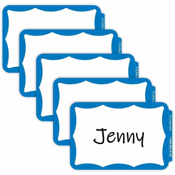 C-Line Pressure-Sensitive Badges, 3-1/2in x 2-1/4in, Blue, Box of 100