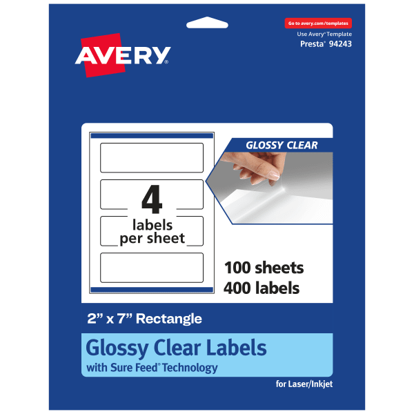 Avery Glossy Permanent Labels With Sure Feed, 94243-CGF100, Rectangle, 2in x 7in, Clear, Pack Of 400