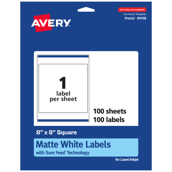 Avery Permanent Labels With Sure Feed, 94108-WMP100, Square, 8in x 8in, White, Pack Of 100