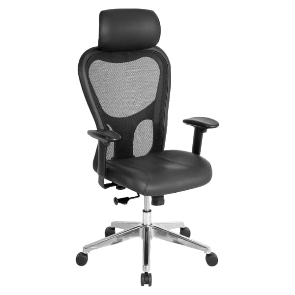 Lorell Executive Ergonomic Bonded Leather/Mesh High-Back Chair, With Headrest, Black