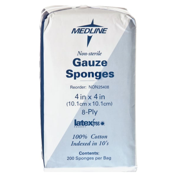 Medline Gauze Sponges, Nonsterile, 4in x 4in, 8-Ply, Box Of 200