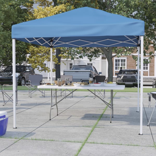 Flash Furniture 8ftx8ft Pop Up Event Canopy Tent with Carry Bag and 6-Foot Bi-Fold Folding Table with Carrying Handle - Tailgate Tent Set, Blue