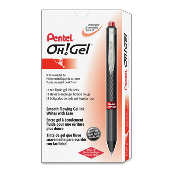 Pentel OH! Medium Point Gel Pens, Pack Of 12, Medium Point, 0.7 mm, Carbon Fiber Barrel, Red Ink