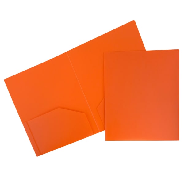 JAM Paper Plastic 2-Pocket School POP Folders, 9 1/2in x 11 1/2in, Orange, Pack Of 6