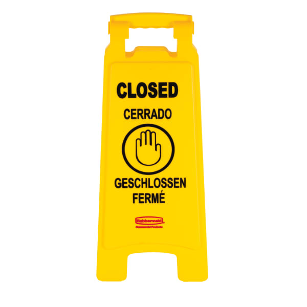 Rubbermaid Commercial Closed Multi-Lingual Floor Sign - CLOSED Print/Message - 11in x 25in - Rectangular Shape - Yellow