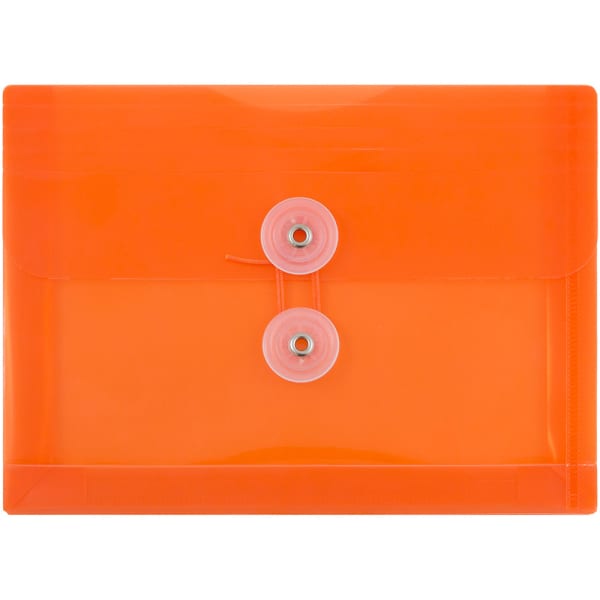JAM Paper Index Booklet Plastic Envelopes, 5 1/2in x 7 1/2in, Button & String Closure, Orange, Pack Of 12