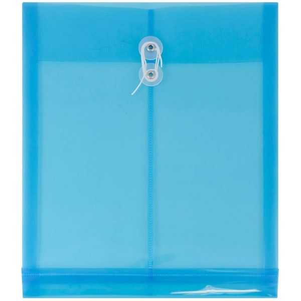 JAM Paper Open-End Plastic Envelopes, Letter-Size, 9 3/4in x 11 3/4in, Button & String Closure, Blue, Pack Of 12