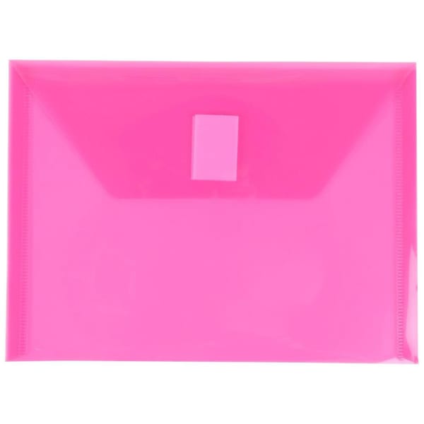 JAM Paper Plastic Booklet Envelopes With Hook-And-Loop Fastener, 5 1/2in x 7 1/2in, Gummed Seal, Fuchsia Pink, Pack Of 12