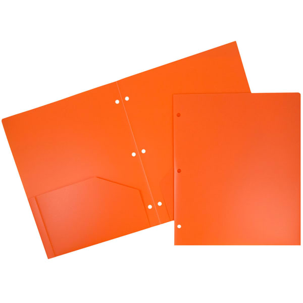 JAM Paper Heavy-Duty 3-Hole-Punched 2-Pocket Plastic Presentation Folders, 9in x 12in, Orange, Pack Of 6