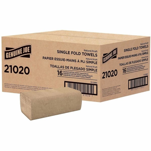 Genuine Joe Single-Fold 1-Ply Paper Towels, Natural, Pack Of 4000 Sheets