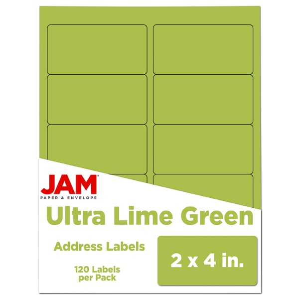 JAM Paper Mailing Address Labels, Rectangle, 2in x 4in, Lime Green, Pack Of 120