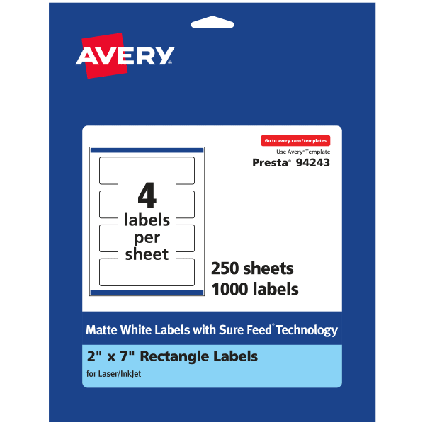 Avery Permanent Labels With Sure Feed, 94243-WMP250, Rectangle, 2in x 7in, White, Pack Of 1,000
