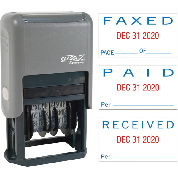 Xstamper Self-Inking Paid/Faxed/Received Dater - Message/Date Stamp - "PAID, FAXED, RECEIVED" - 0.93in Impression Width x 1.75in Impression Length - Blue, Red - Plastic - 1 Each