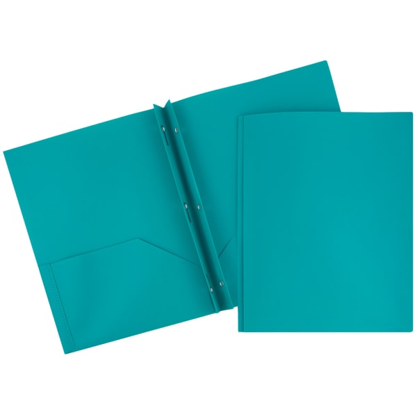 JAM Paper Plastic 2-Pocket POP Folders with Metal Prongs Fastener Clasps, 9 1/2in x 11 1/2in, Teal, Pack Of 6
